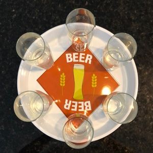 Crate & Barrel Beer serving tray w/ 6 glasses
